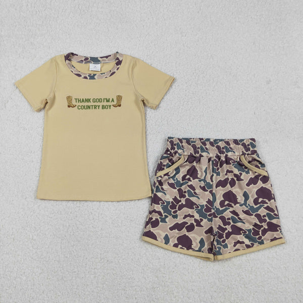 BSSO1577 RTS toddler boy clothes thank god I am a country boy boost boy summer embroidery shorts set