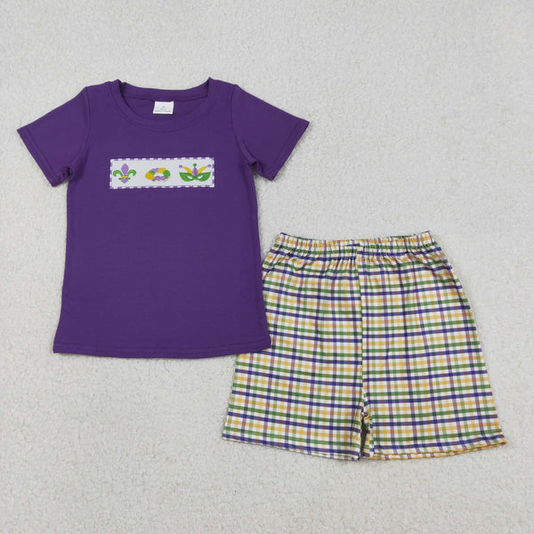 BSSO1603 RTS baby boy clothes mask toddler boy mardi gras summer embroidery outfit