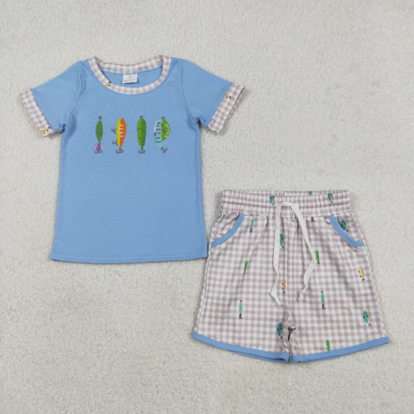 BSSO1617 RTS  toddler boy clothes fishing boy summer shorts set embroidery