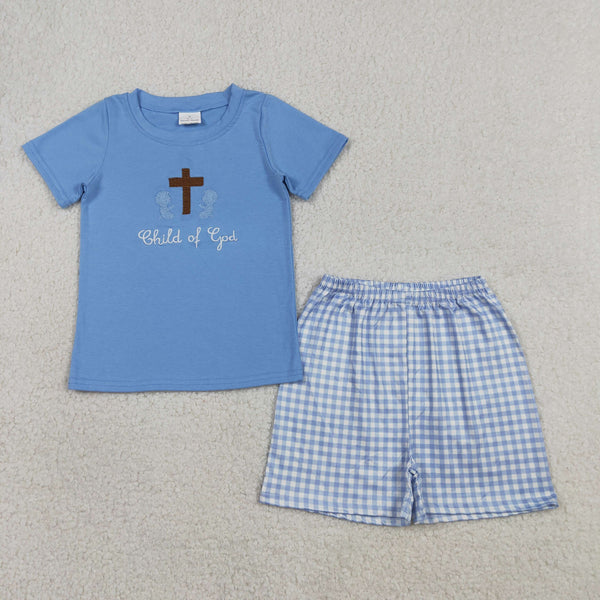 BSSO1714 RTS Boy easter clothes Cross embroidery boy easter clothing set shorts set