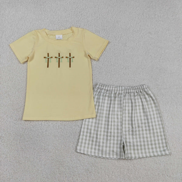BSSO1717 RTS baby boy clothes cross toddler boy easter summer embroidery outfit