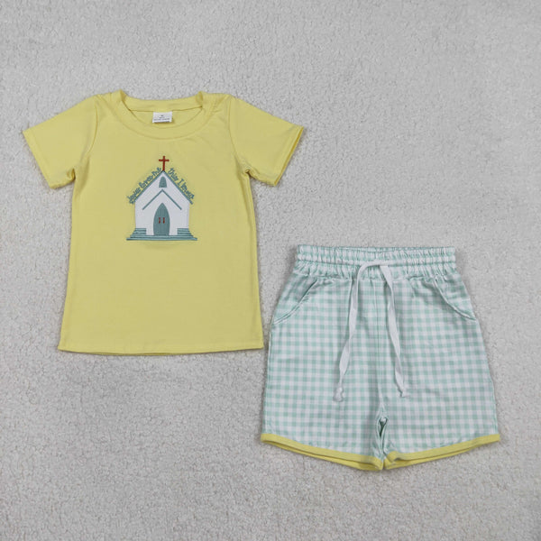 BSSO1740 RTS baby boy clothes yellow church toddler boy easter summer embroidery outfit