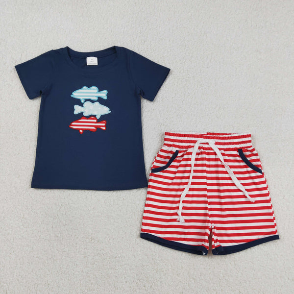 BSSO1741 RTS baby boy clothes fish toddler boy summer embroidery outfit summer shorts set