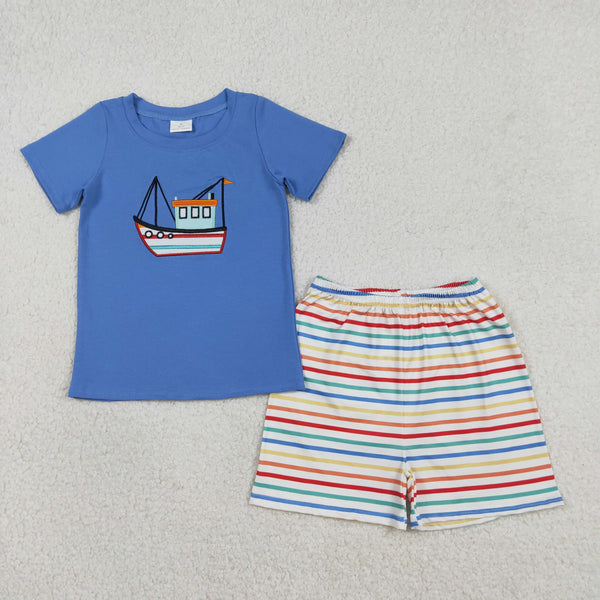 RTS kids matching clothing embroidery sailing boat print clothing baby boy summer clothing-2026.2.5