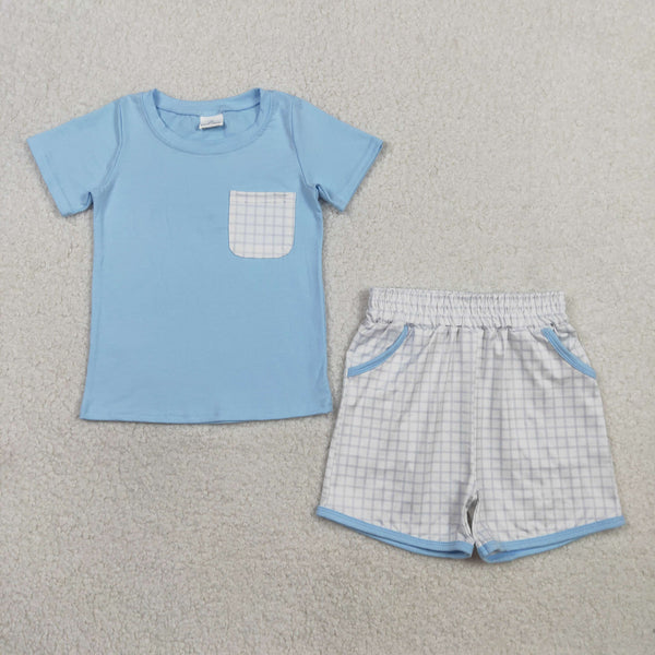 BSSO1762 RTS baby boy clothes blue gingham print toddler boy  summer outfit