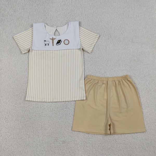 BSSO1777 RTS baby boy clothes cross embroidery toddler boy easter summer outfit