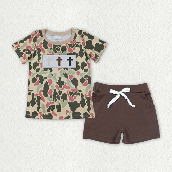 BSSO1780 RTS Boy Summer Outfit Cross Embroideried Easter Clothes Boy Summer Shorts Set