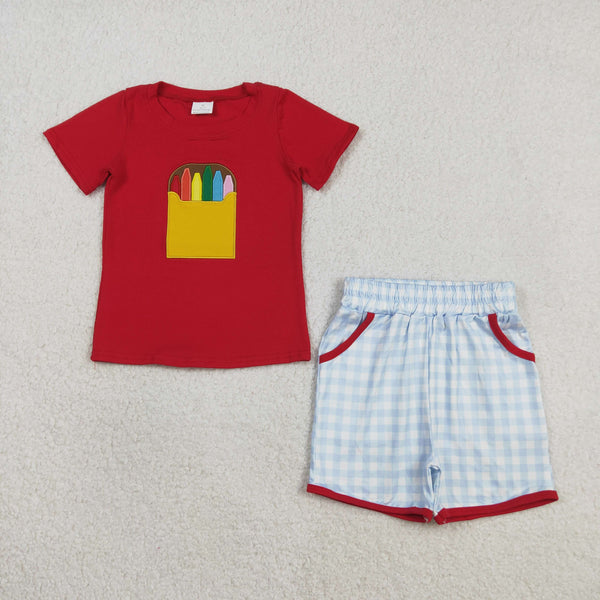 BSSO1819 RTS baby clothes crayon embroidery toddler boy back to school summer outfit