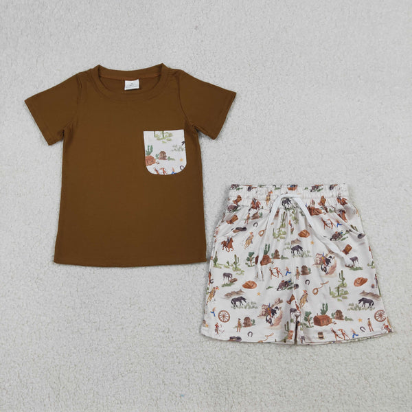 BSSO1825 RTS kids clothes brown western clothes boy summer outfit  clothing set summer shorts set