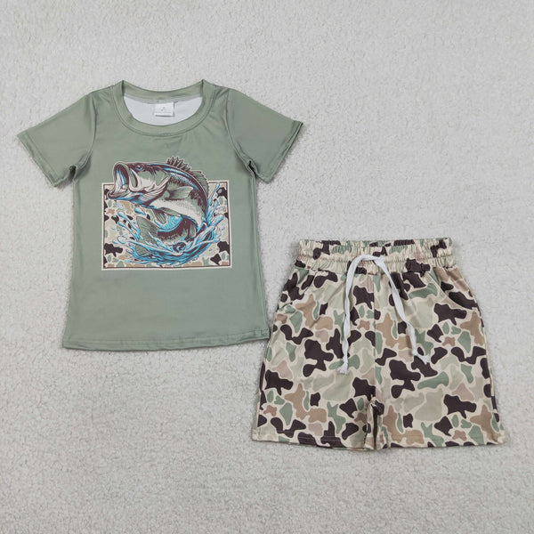 BSSO1835 RTS kids clothes fish camo boy summer outfit  clothing set summer shorts set