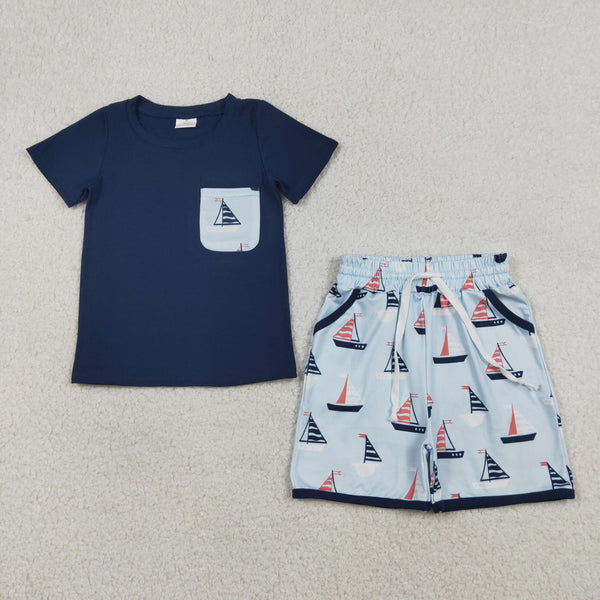 BSSO1855 RTS kids clothes 4th of July boy summer outfit sailboat summer shorts set  clothing set