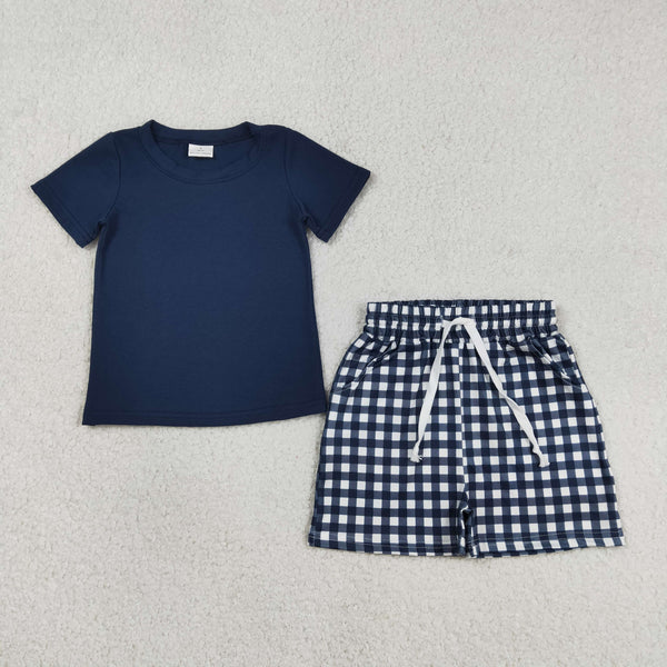 BSSO1882 RTS kids clothes navy blue gingham print boy summer outfit  clothing set