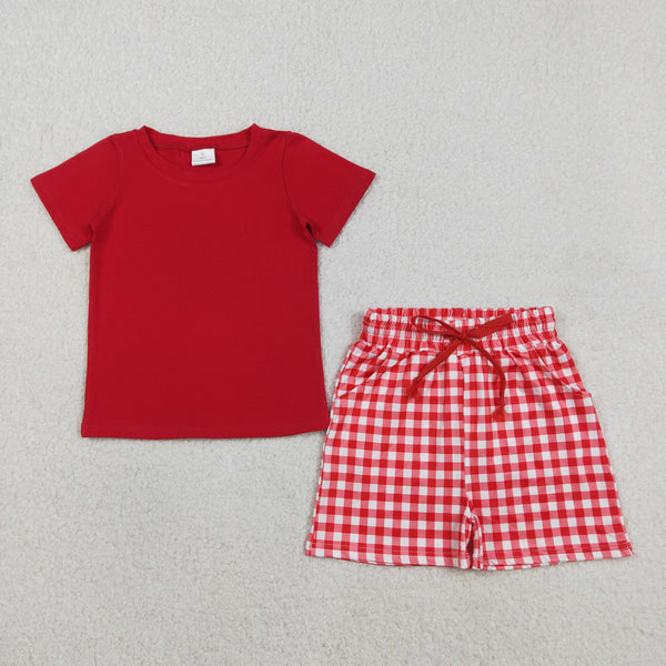BSSO1884 RTS kids clothes red gingham print boy summer outfit  clothing set