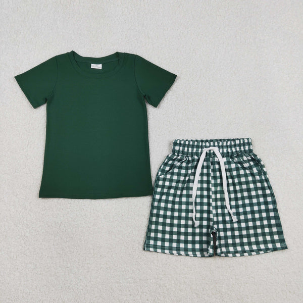 BSSO1885 RTS kids clothes green gingham print boy summer outfit  clothing set