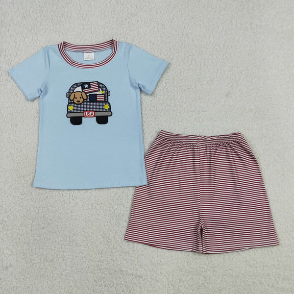 BSSO1918 RTS kids clothes car embroidery boy 4th of July summer outfit  clothing set summer shorts set