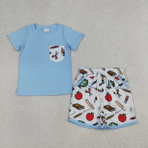 BSSO1921 RTS baby clothes apple print toddler boy back to school summer outfit