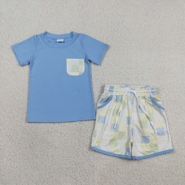 BSSO1950 RTS kids clothes blue gingham boys summer outfit summer shorts set