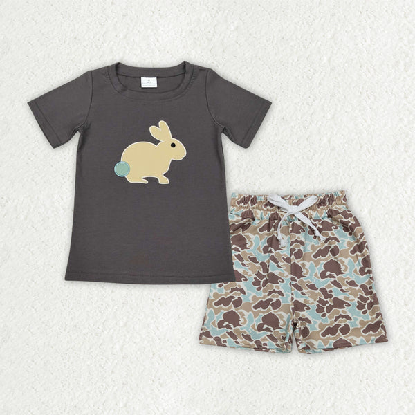 BSSO1987 RTS kids boy clothes rabbit camo embroidery easter clothes boy summer shorts set