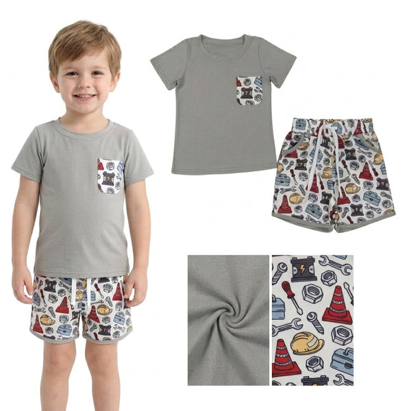 BSSO2005 RTS kids boy clothes tool print boy summer shorts set