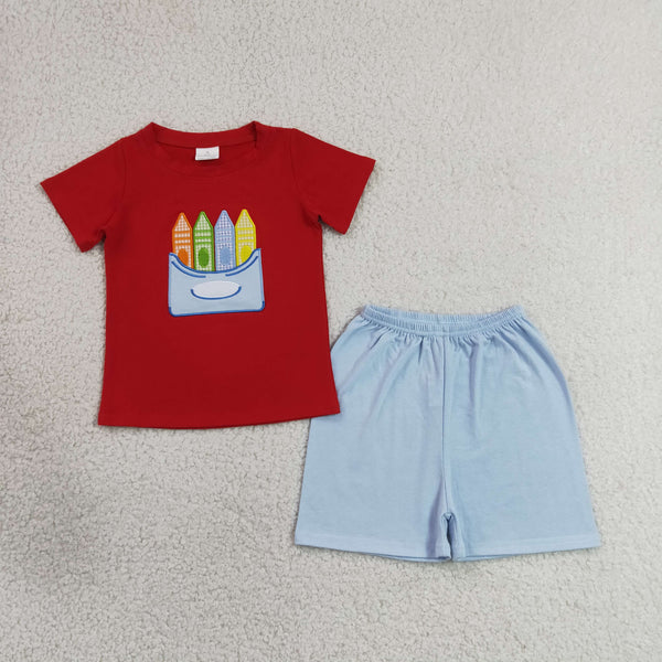 BSSO2023 RTS baby clothes crayon embroidery toddler boy back to school summer outfit