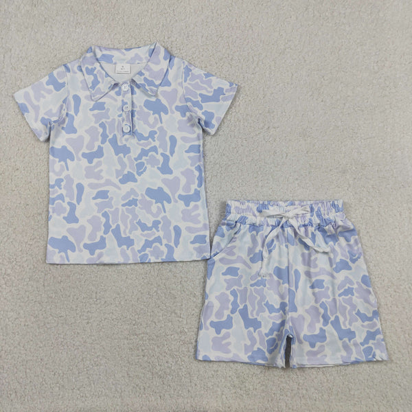 BSSO2036 RTS baby boy clothes blue camo  toddler boy summer outfit summer shorts set