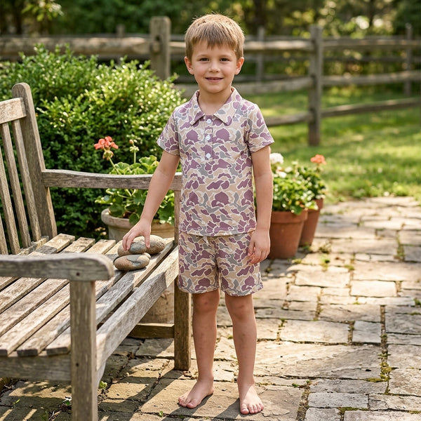 RTS BSSO2046 baby boy clothes camo short sleeve polo top summer shorts set