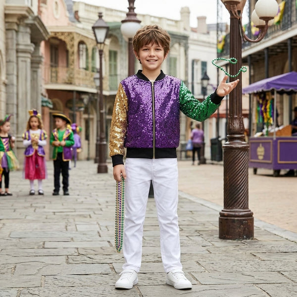 RTS BT0451 toddler boy clothes purple gold green sequin zip jacket  Mardi Gras Clothes
