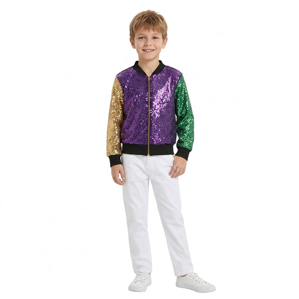 RTS BT0451 toddler boy clothes purple gold green sequin zip jacket  Mardi Gras Clothes