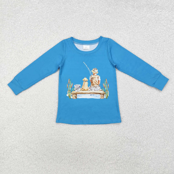 BT0895 RTS toddler boy clothes blue fishing boy winter top shirt