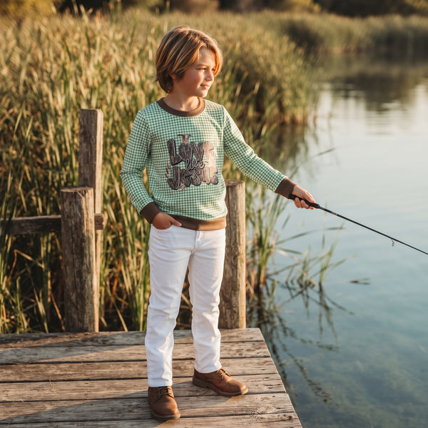 RTS BT1320 toddler boy clothes green gingham duck print long sleeve top