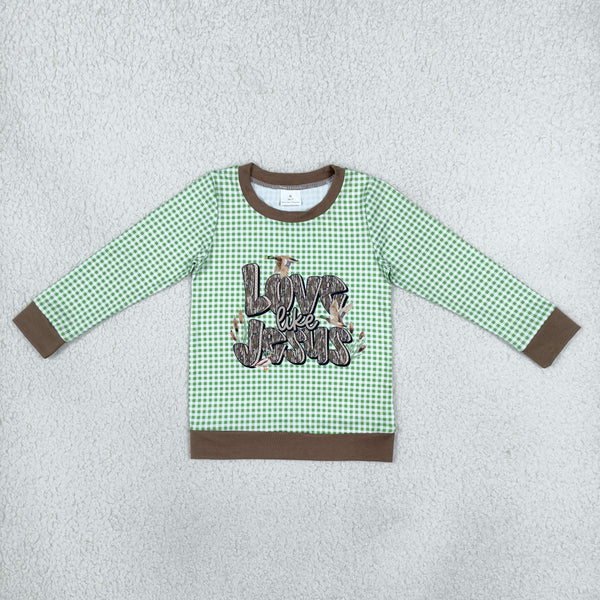 RTS BT1320 toddler boy clothes green gingham duck print long sleeve top