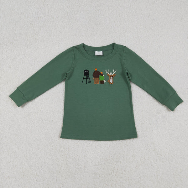 BT1438 RTS  toddler boy clothes green cotton deer hunting boy winter shirt embroidery