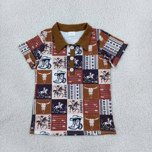 RTS BT1670 toddler boy clothes western cow patchwork short sleeve top