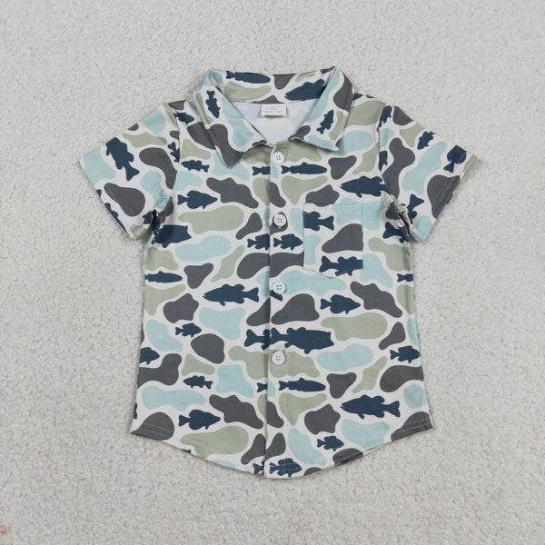 RTS BT1787 toddler boy clothes buttons camo  fish boy summer top Tshirt