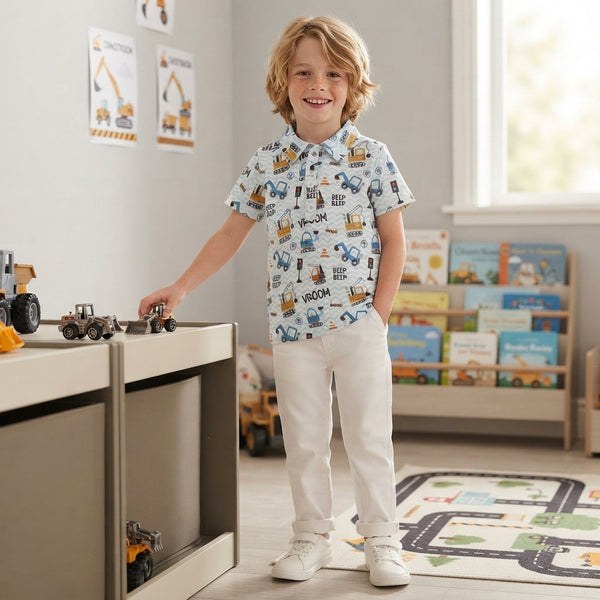 RTS BT1793 baby boy clothes construction vehicle print short sleeve top