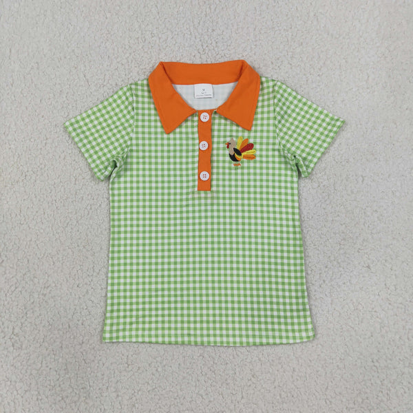 RTS Matching clothing fall gingham pumpkin truck turkey embroidery print kid short sleeve polo top fall clothing-2026.9.22
