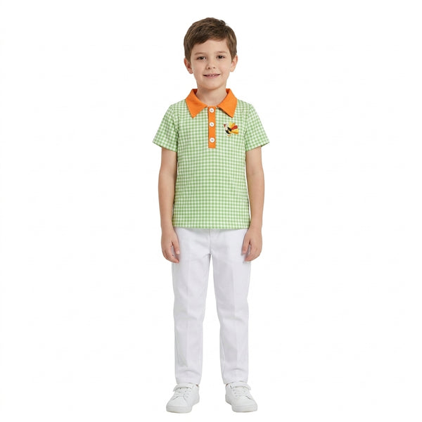 RTS BT1889 baby girl clothes gingham embroidery print short sleeve polo top
