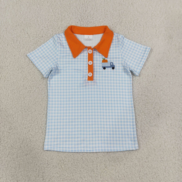 RTS Matching clothing fall gingham pumpkin truck turkey embroidery print kid short sleeve polo top fall clothing-2026.9.22