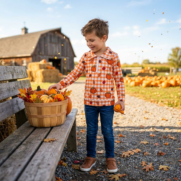 RTS BT1895 baby boy clothes halloween pumpkin leaf gingham print long sleeve zip top