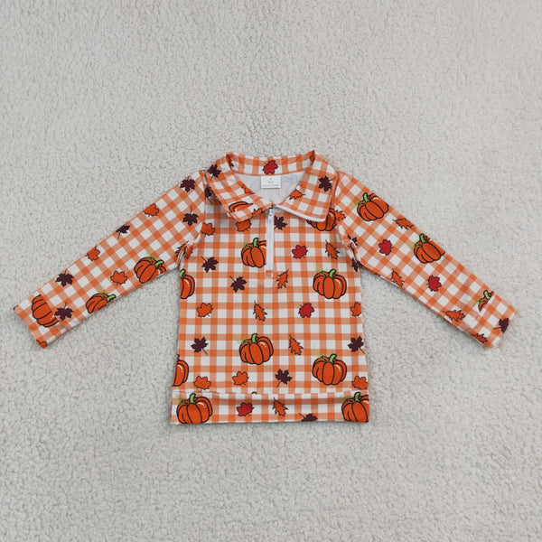 RTS BT1895 baby boy clothes halloween pumpkin leaf gingham print long sleeve zip top
