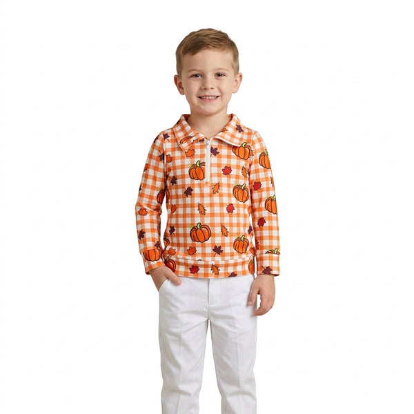 RTS BT1895 baby boy clothes halloween pumpkin leaf gingham print long sleeve zip top