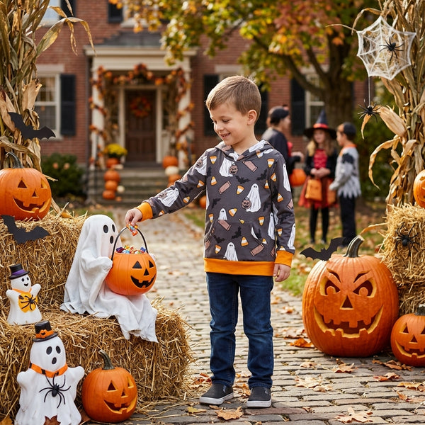 RTS BT1898 baby boy clothes halloween ghost pumpkin bat print long sleeve hoodie top