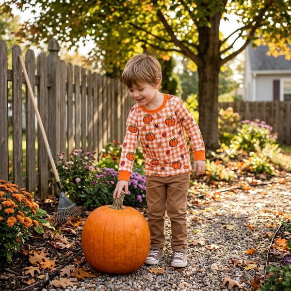 RTS BT1929 baby boy clothes halloween gingham pumpkin print long sleeve top