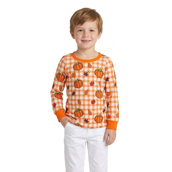 RTS BT1929 baby boy clothes halloween gingham pumpkin print long sleeve top