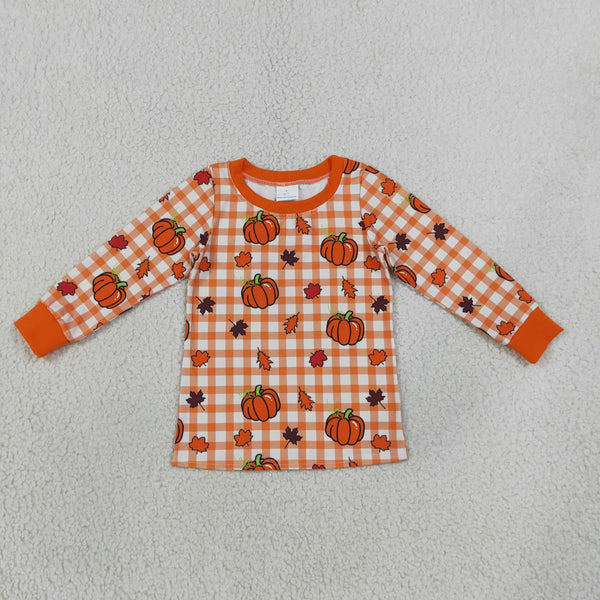 RTS BT1929 baby boy clothes halloween gingham pumpkin print long sleeve top