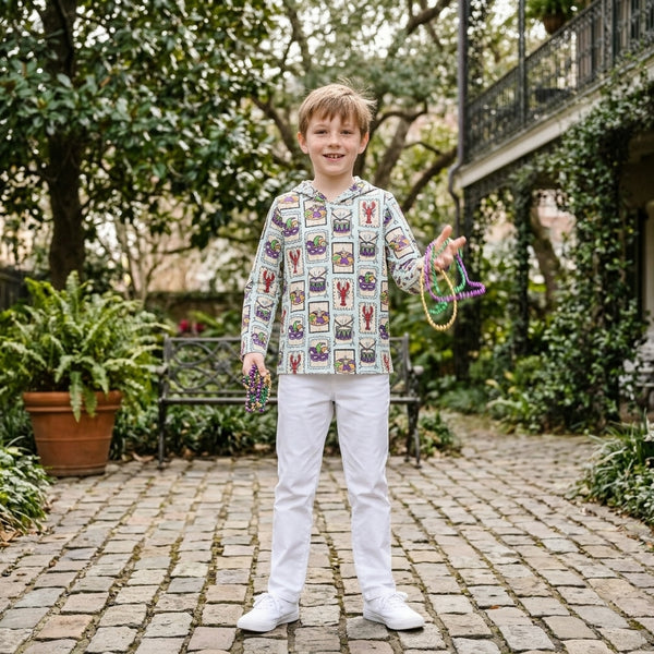 RTS BT1968 toddler boy clothes crawfish print long sleeve hoodies top Mardi Gras clothes