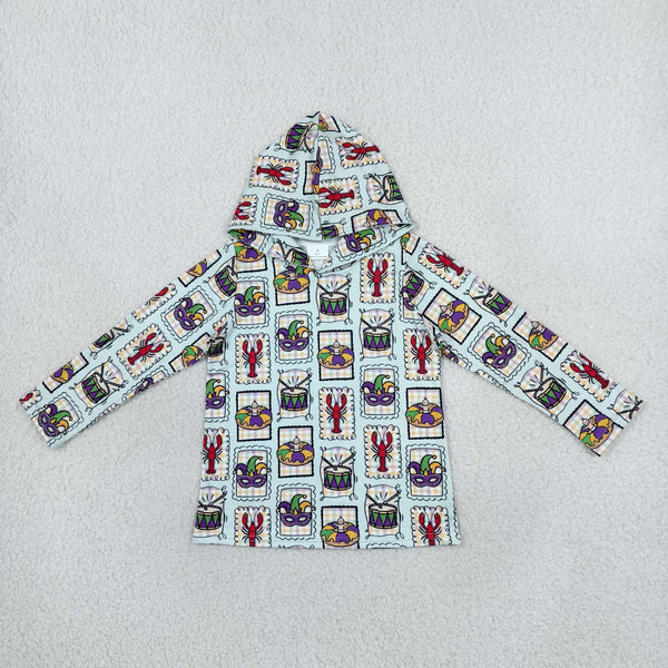 RTS BT1968 toddler boy clothes crawfish print long sleeve hoodies top Mardi Gras clothes