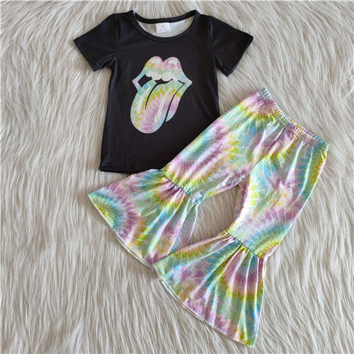 C1-14 girl tie dye mouth tongue  short sleeve fall spring set-promotion 2024.5.13 $2.99