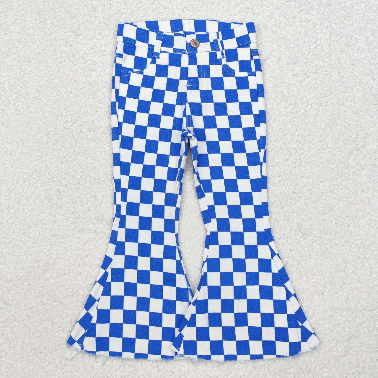 P0610 RTS baby girl clothes blue plaid gingham girl bell bottoms pant jeans