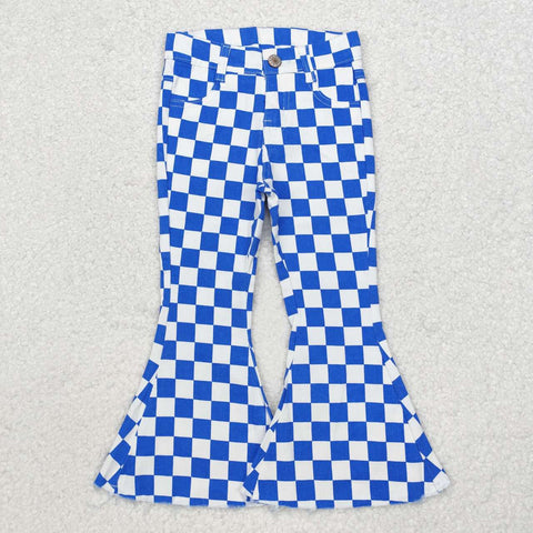 P0610 RTS baby girl clothes blue plaid gingham girl bell bottoms pant jeans